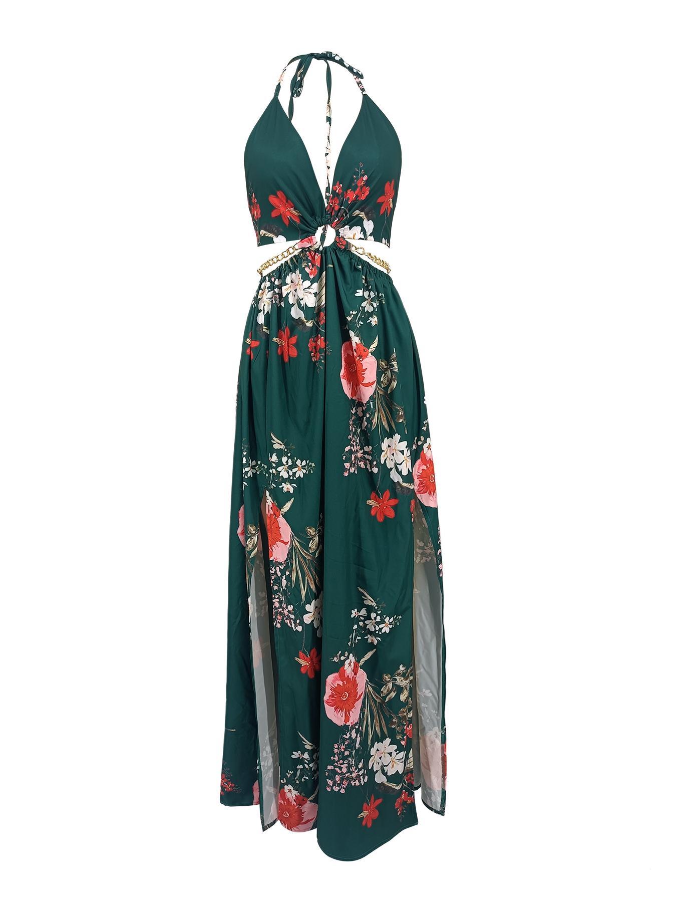 Summer Floral Print Deep V Halter Tie Split Maxi Dress Casual Wear