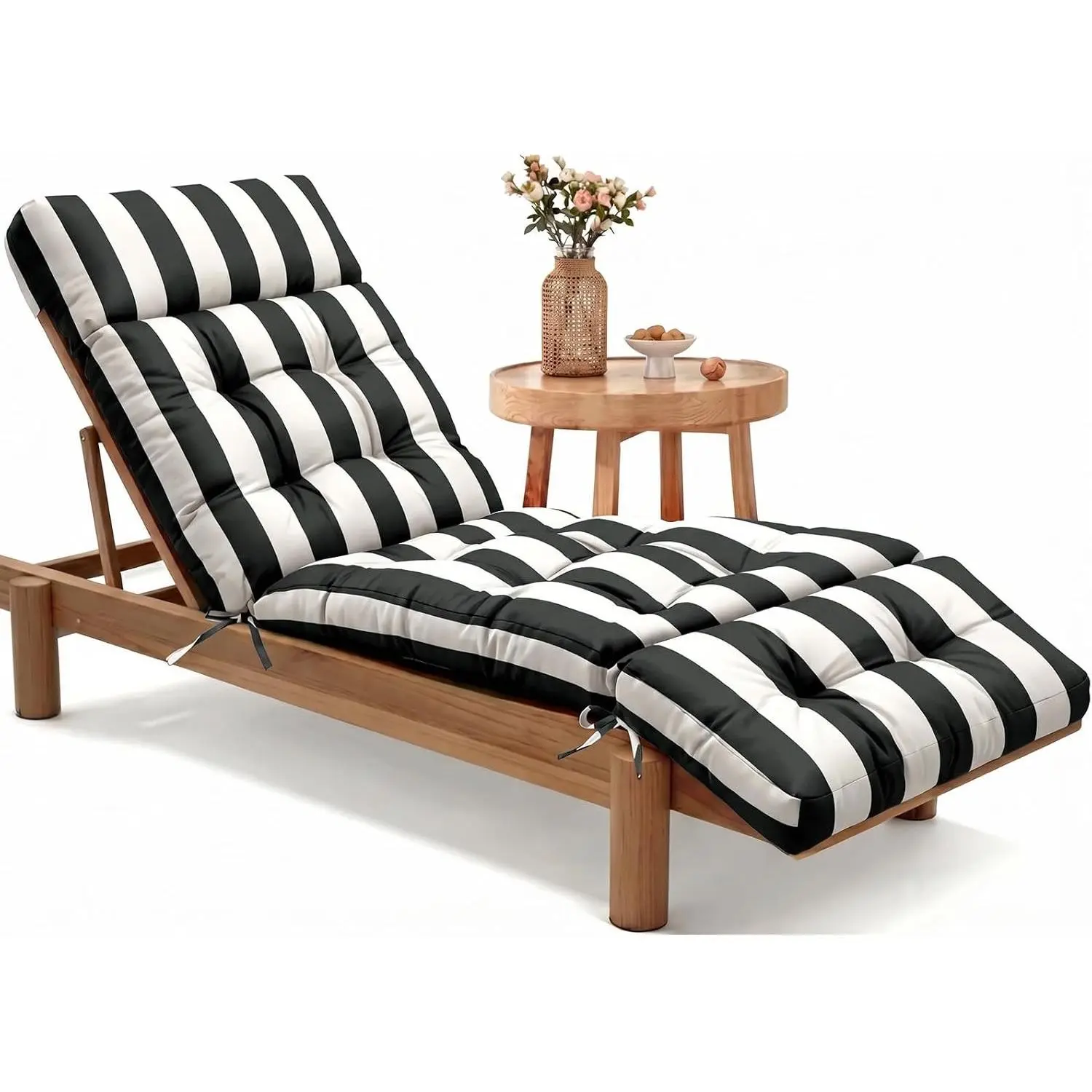 Chaise Lounge Cushion Outdoor, Memory Foam Patio Lounge Chair Cushion with Ties for Indoor Outdoor Furniture, Water-Repellent Replacement Long Chair Cushion (Black Stripe)