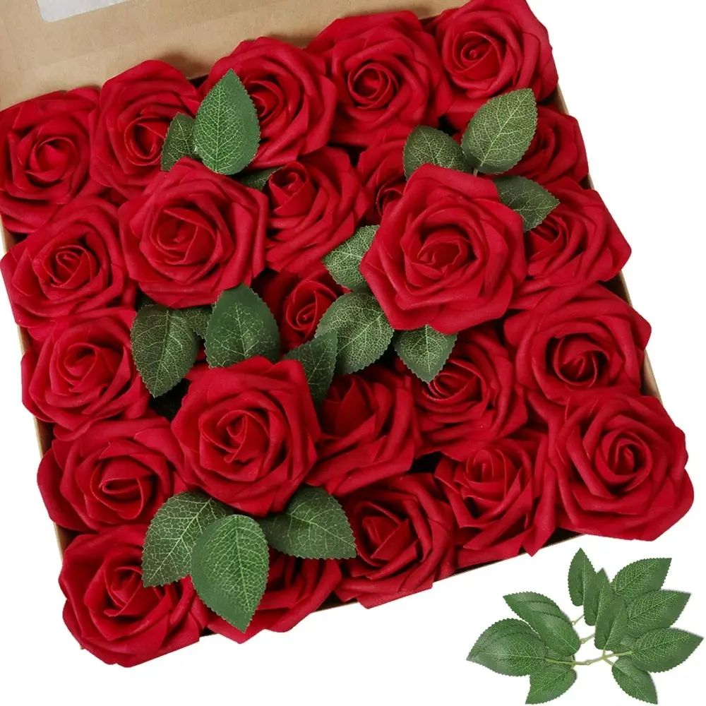 50pcs Dark Red Rose Real Looking Artificial Flowers w/Stem | Bouquet for Wedding, Baby Shower, Home Decor; Valentine’s, Christmas Decor, Bulk for DIY Floral Arrangement, Long Lasting