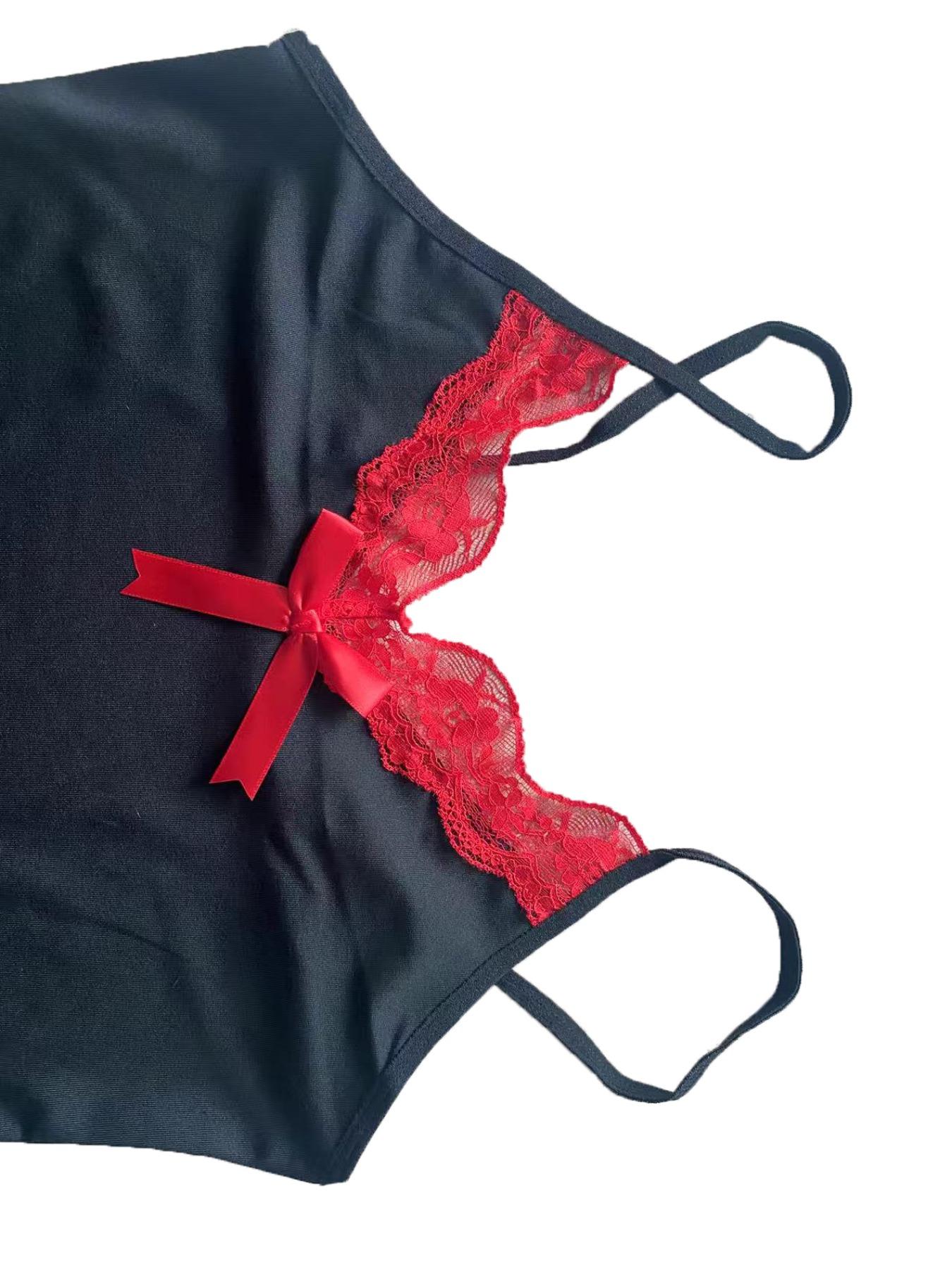 Women's Contrast Lace Bow Decor Slim Cami Nightdress, Casual Soft Comfortable Spaghetti Strap Nightgown for All Seasons, Fashion Ladies' Sleepwear for Daily Wear