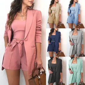 2025 Solid Color Vest Fashionable Elegant Blazer Waist Shorts Three-Piece Set Women's Clothing