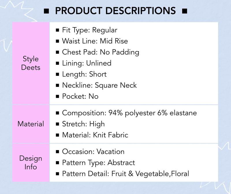 Cider [size 0-26] Square Neck Floral & Fruit Graphic Mini Dress, High Stretch Sundress for Women, Summer Dress for Vacation & Garden Party, Pinterest Girl Picnic Outfit, Womenswear