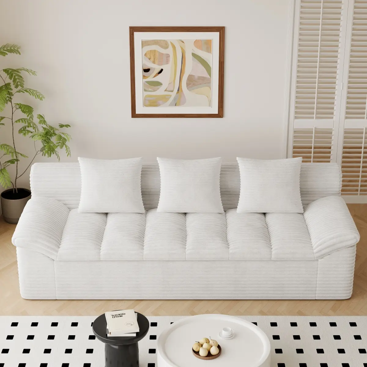 71" Love Seat Couches, Corduroy Boneless Loveseat with Deep Seats, 2 Seat Couch Apartment Size Couch with 3 Pillows&Side Pockets for Bedroom, Office, No Assembly Required, white