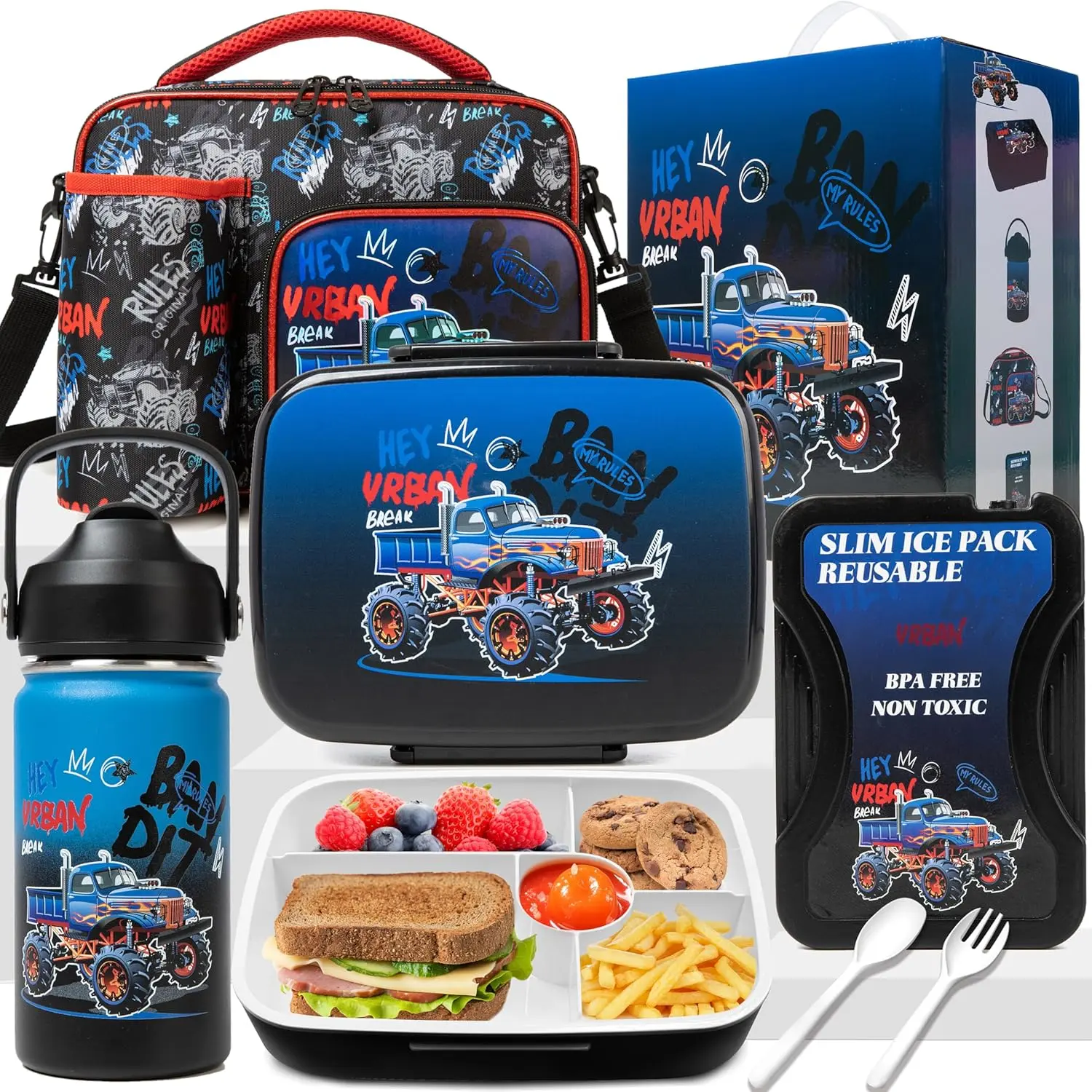 Bento Box for  Lunch Box for Boys Bento Lunch Box for  Lunch Box Set with 5 Compartments Stainless Steel Water Bottle, Lunch Bag, Ice Pack Set  to School Supplies