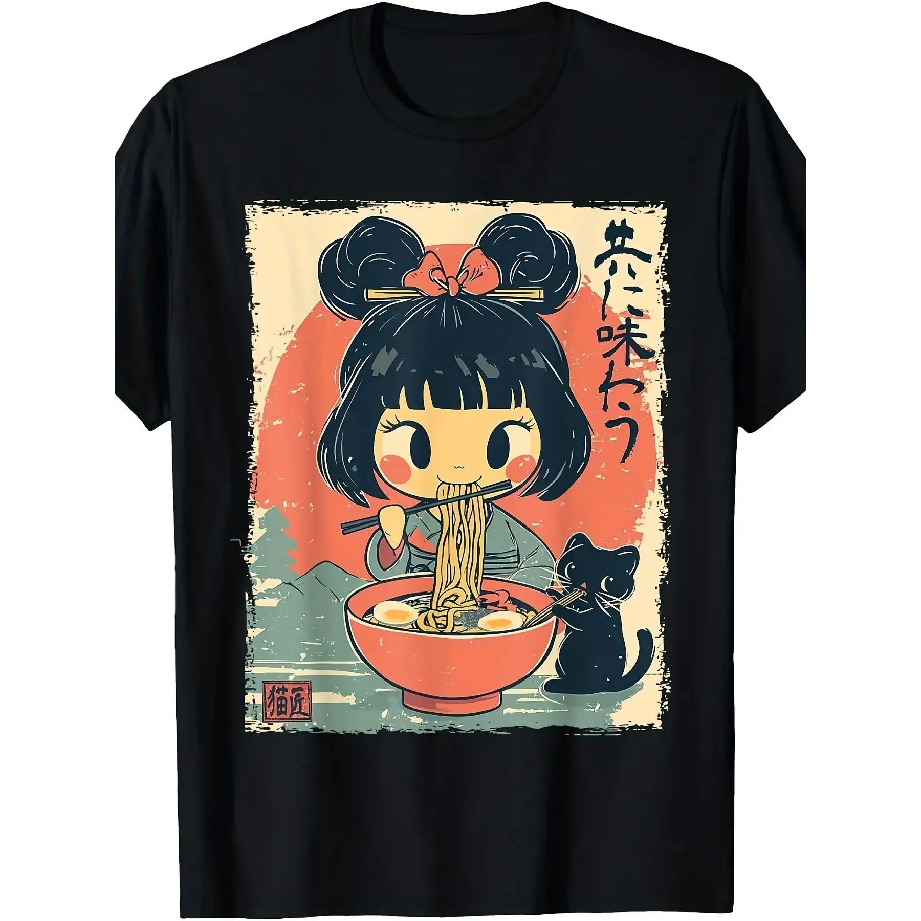 Adorable Kawaii Japanese Girl And Cat Enjoying Ramen on an Anime-Themed T-Shirt. Unisex Design for Both Men And Women, Perfect for Summer 2026