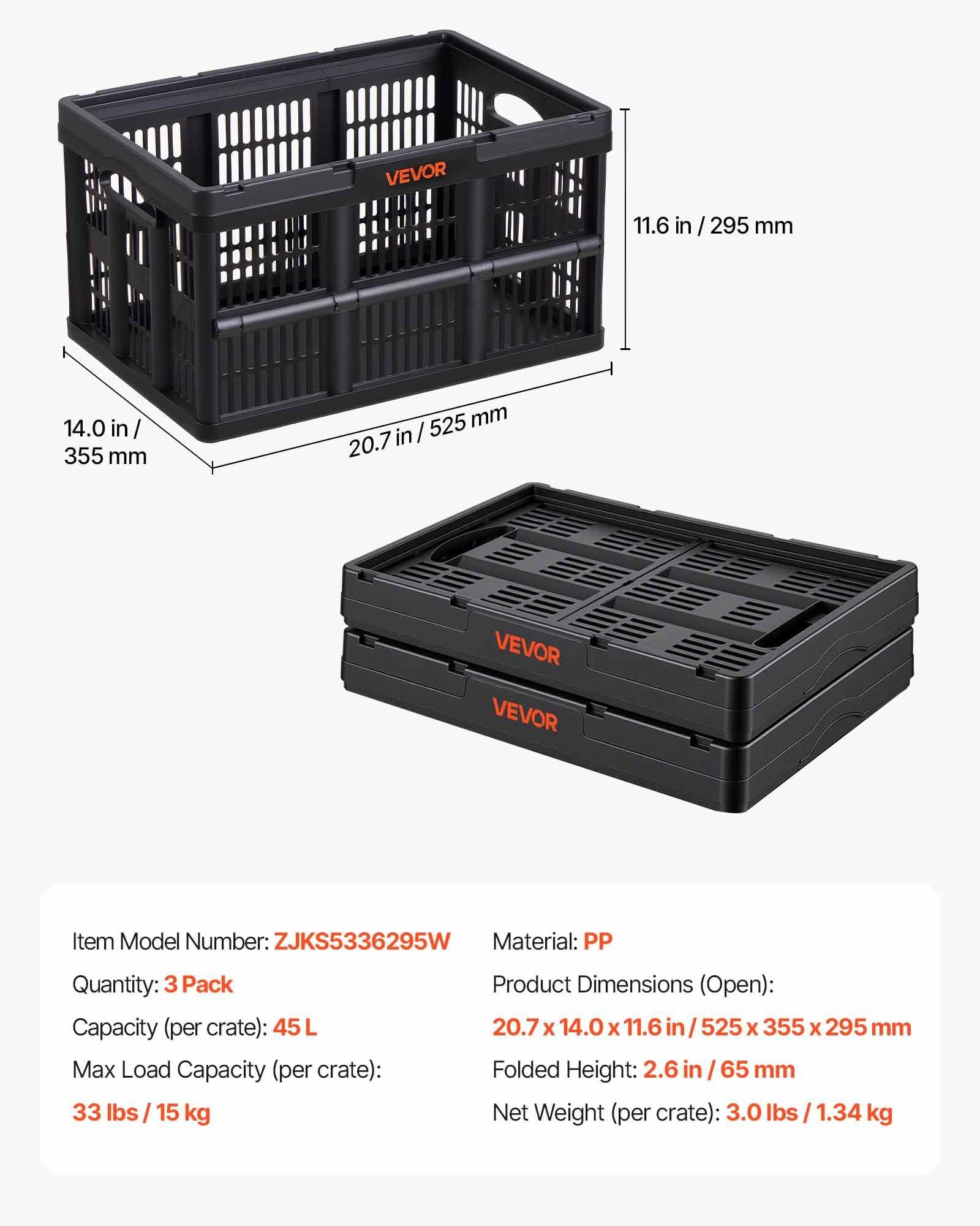VEVOR Plastic Collapsible Storage Bins, 45L 3 Packs, Stackable Folding Storage Crates with Handles, Holds 33 lbs Per Bin, Foldable Heavy Duty Containers, Space-Saving Baskets, for Home Organizing
