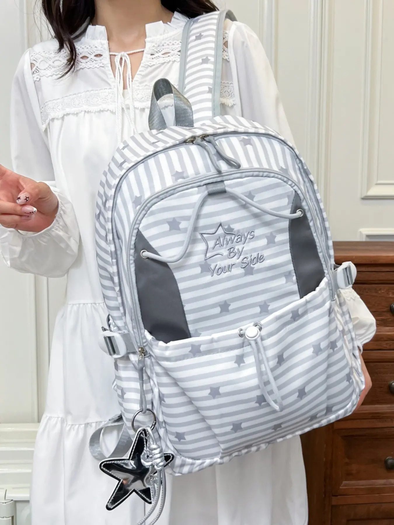 2026 New Korean Style Star Stripe Backpack for Women, Large Capacity School Bag, Lightweight Drawstring Backpack with Attachments, Casual Work Commute
