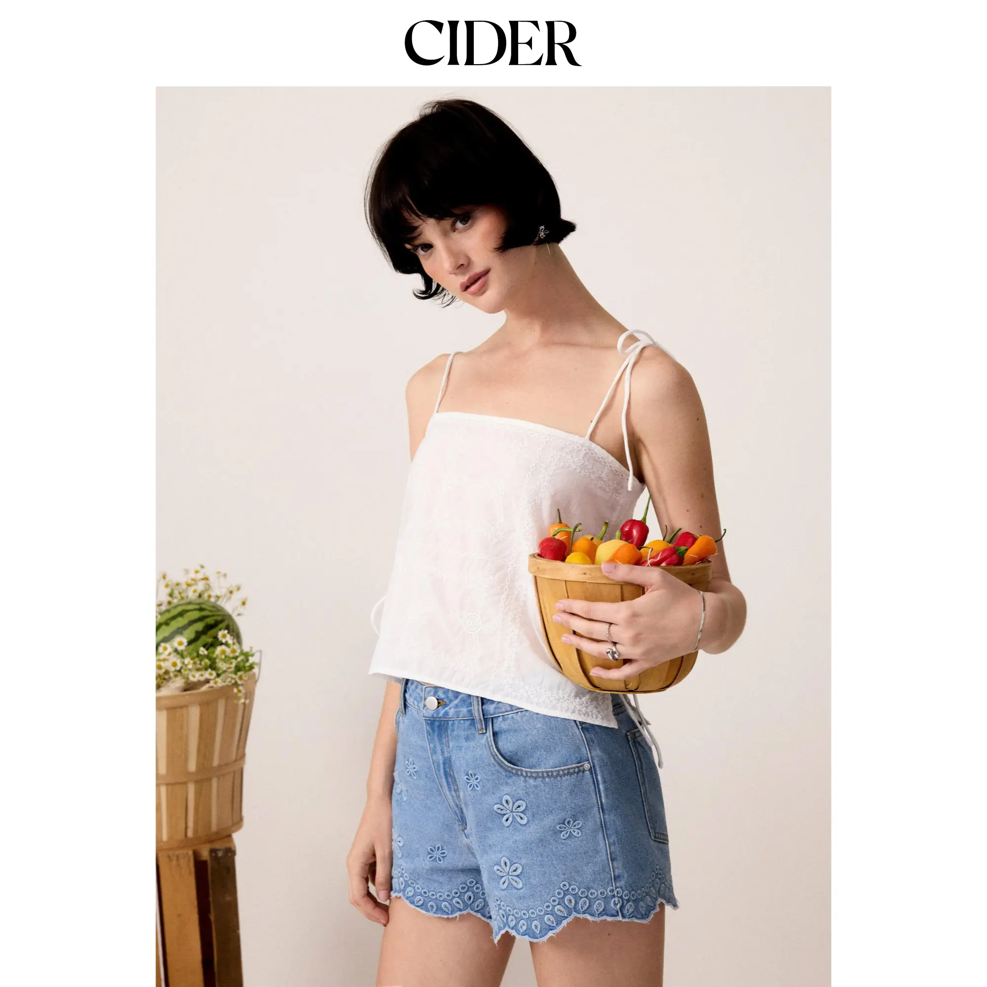 Cider Cotton-blend Textured Embroidery Knotted Oversized Crop Blouse SummerWins SummerFinds