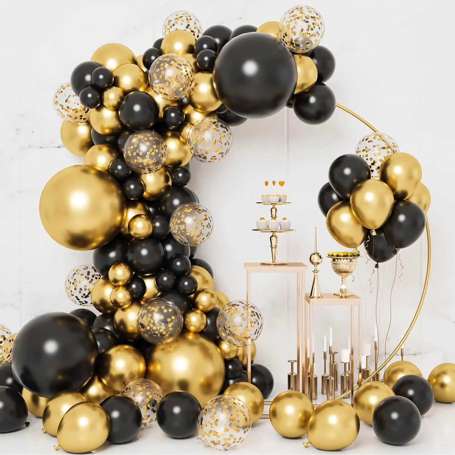 130pcs Black and Gold Balloon Arch Kit, Multi-size Metallic and Confetti Mix Latex Balloons with Glue Dots for Birthday, Graduation Party Decorations, Anniversary