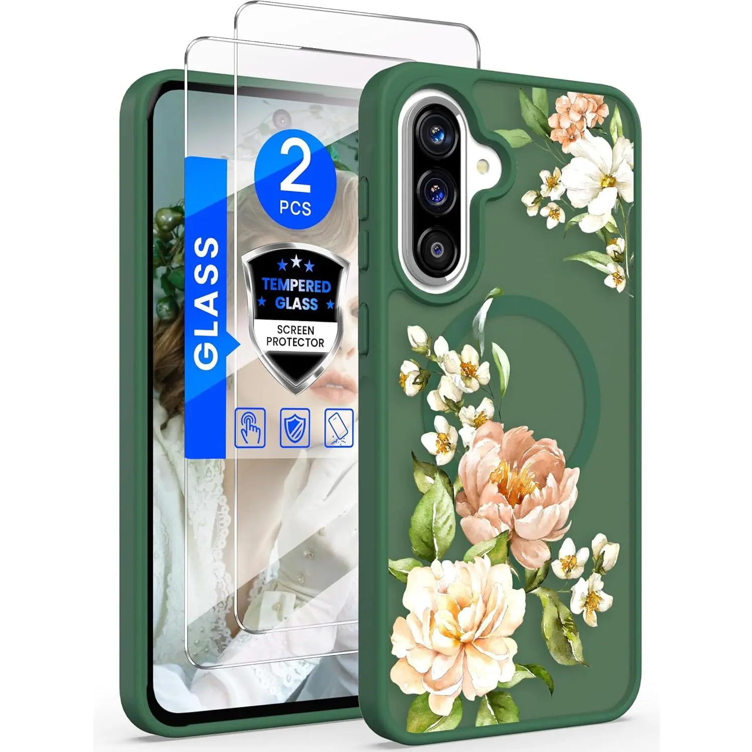 Yucenx for Samsung Galaxy A37 Case with Tempered Glass Screen Protectors,Military Grade Magnetic Translucent Matte Girls Women Flower Pattern Protective Cover for A37 (Midnight Green)