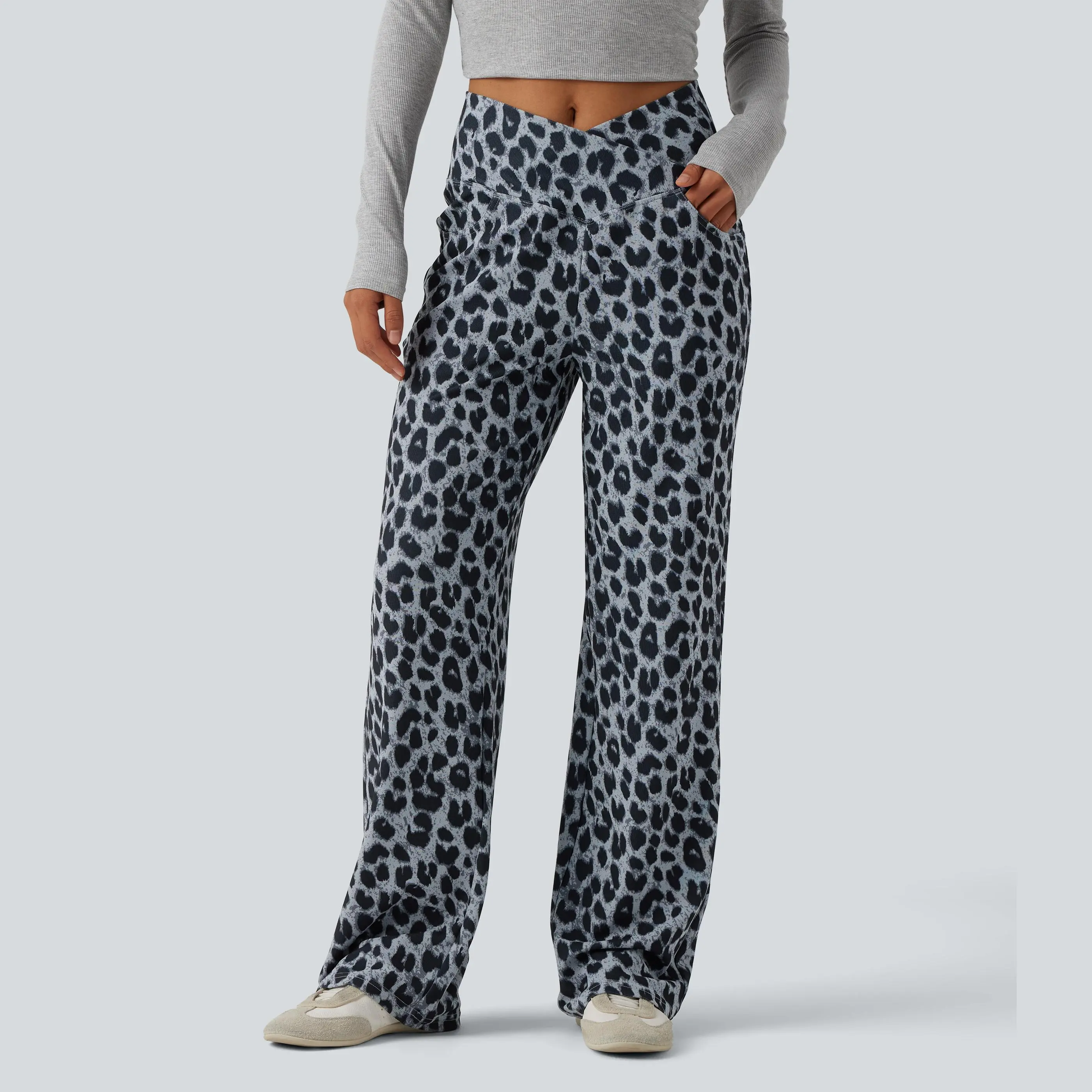Halara High Waisted Crossover Wide Leg Leopard Print Waffle Casual Pants with Pockets #BackToSchool