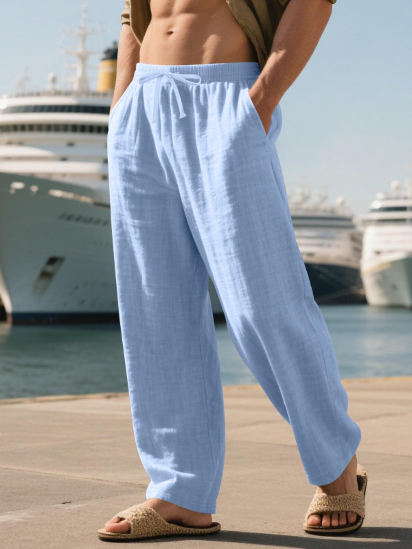 Men's Linen Long Pants, Casual Plain Trousers, Casual Loose Fit with Pockets, Spring & Fall Beach Vacation Lightweight Comfortable Breathable Fabric