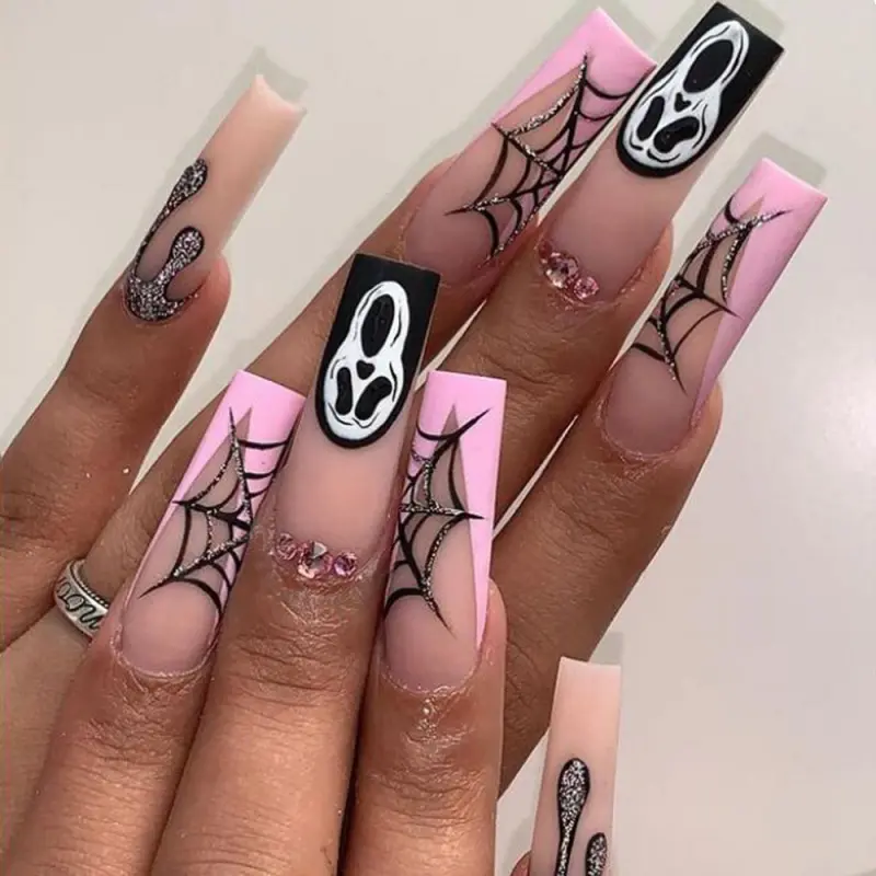 Grim Reaper Skull Press-on Nails Halloween Dark Spider Web Nail Stickers 24 Pieces Mysterious Long Press-on Nails Summer Nails Press on Nails Colorful French Tip French Nail Art False Nails Acrylic Nails for Women Nail Designs Crazy Nail Art