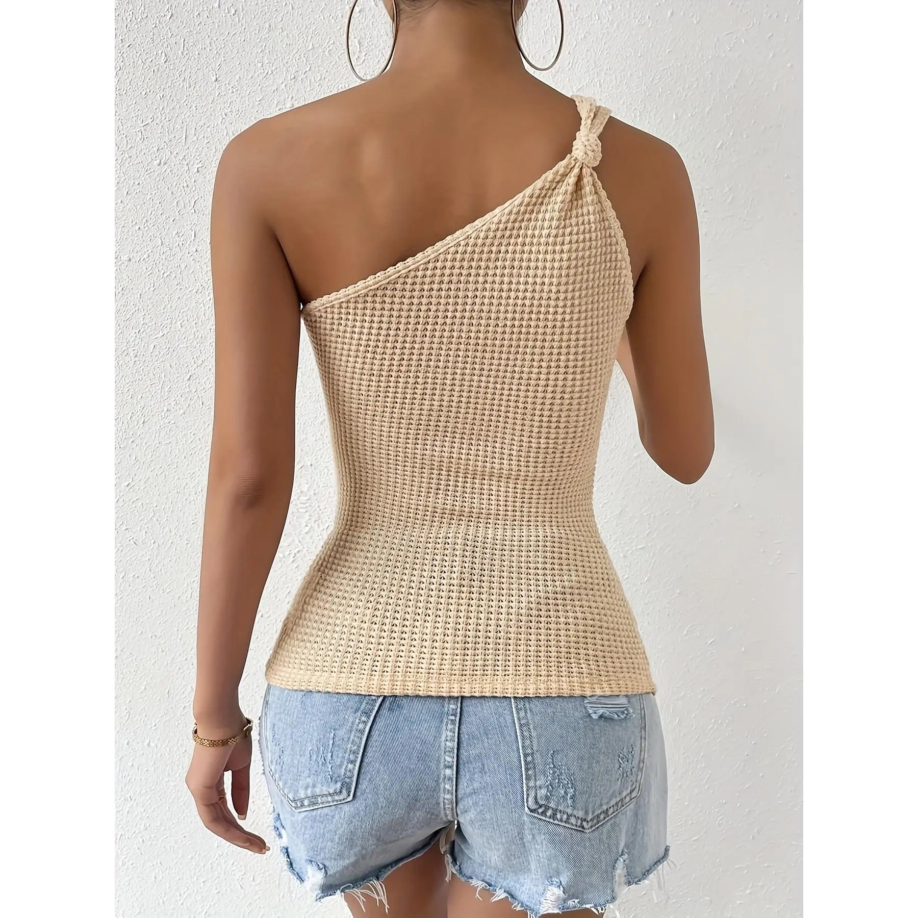 [One Shoulder Vest] 2025 Summer Women's Solid Color One Shoulder Knotted Waffle Weave Vest