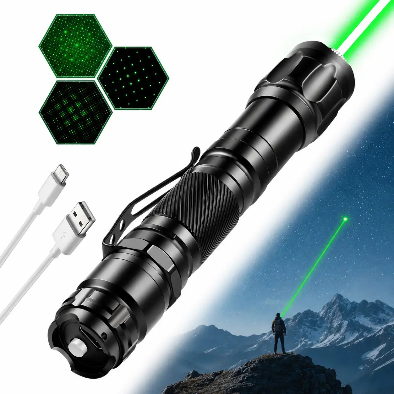 Rechargeable Handheld Green Laser Pointer with LED Lights - Compact, Pocket-Size Carry, Built-In Battery, Longer Usage Time, Outdoor Ready Handheld Lamp for Hunting, Camping