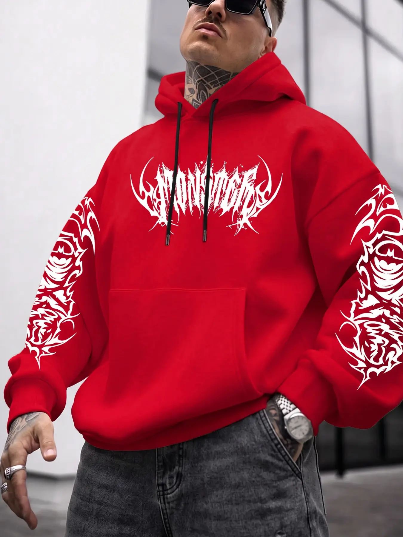 Polyester Fleece Oversized Men Pullover Hoodie, Y2K Dark Gothic MONSTER Thorn Letter Sleeve Tribal Tattoo Graphic Sweatshirt, Punk Hip Hop Streetwear Tops, men clothing, menswear clothing, accessories for men, ropa caballero hombre, For Spring Fall Winter