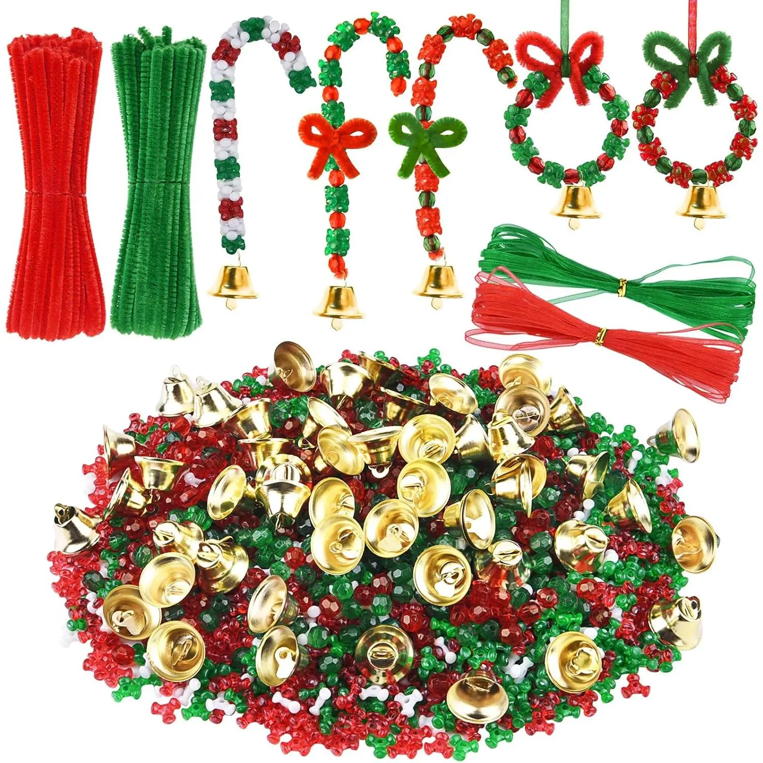 Christmas Beaded Ornament Kit, 1600 count Triangle Beads, 300 count Plastic Beads, 60 count Chenille Stems, 45 count Bells and 20m Ribbon for Xmas Craft Wreath Tree Decorations