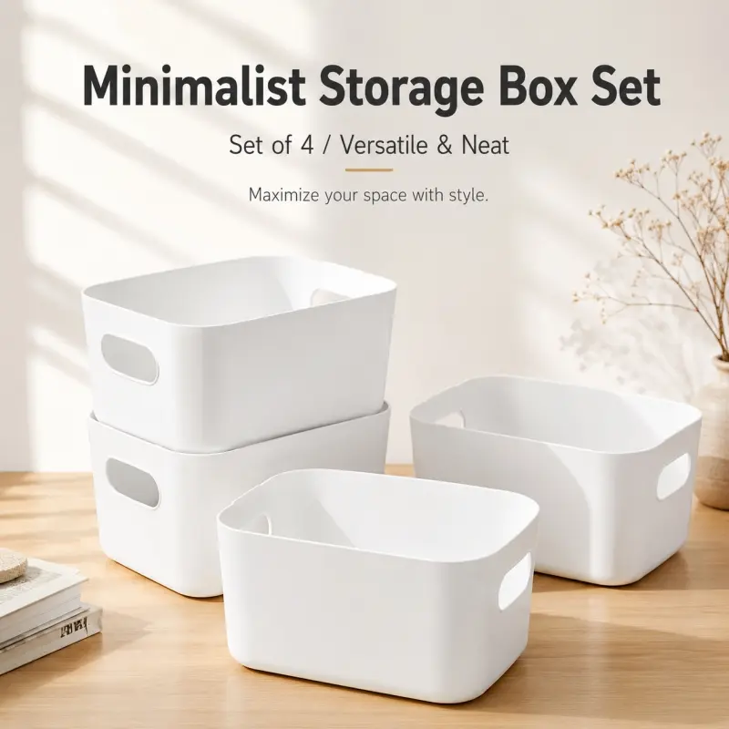 4-Piece Simple White Storage Baskets, Ideal organizers for desks to save space elegantly. Suitable for desk and bathroom, perfect for storing cosmetics, snacks and sundries.