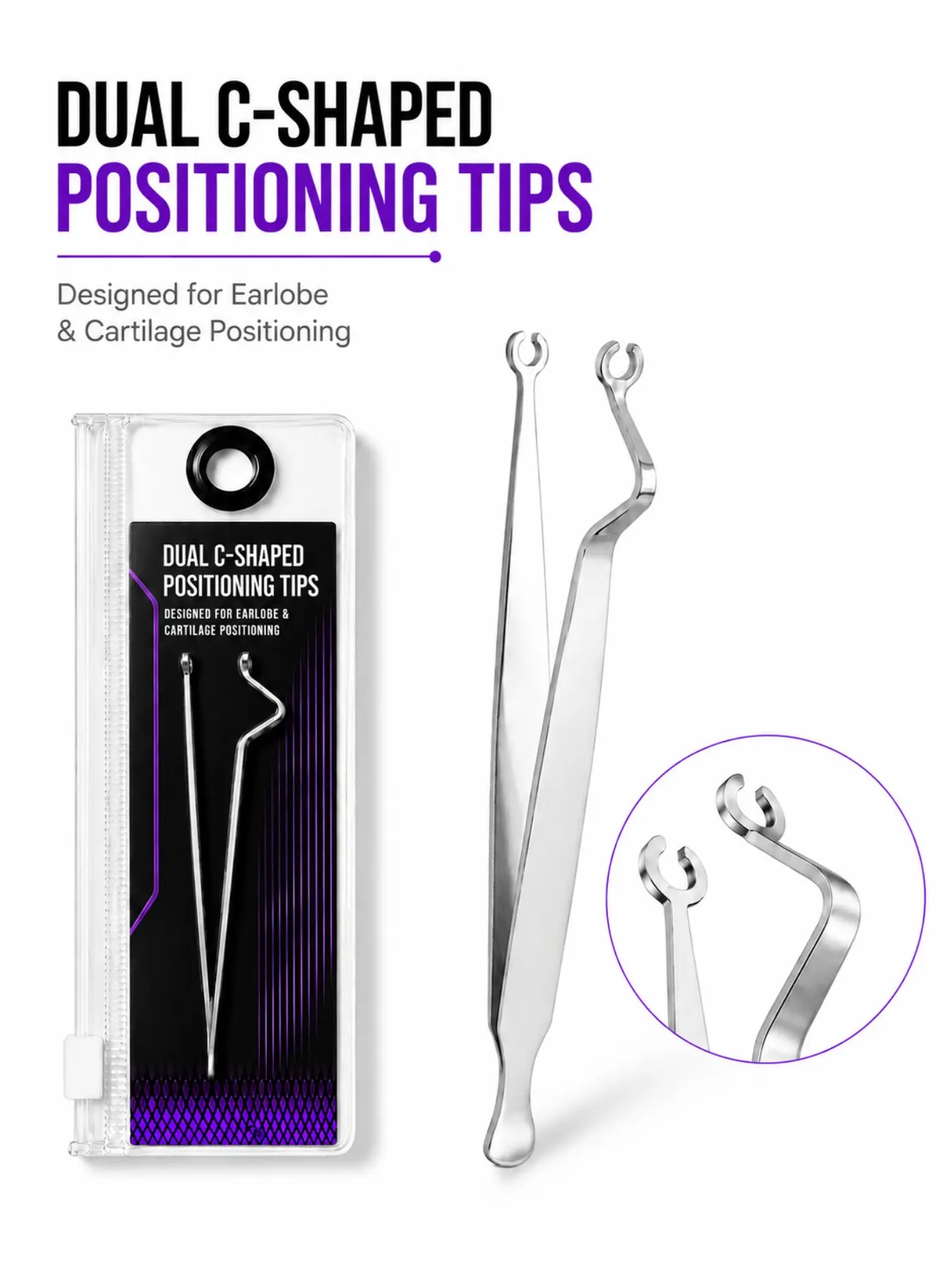 Stainless Steel Ear Piercing Tool, Dual C-Shape Clamps, Jewelry Placement Aid, All Seasons Use, Single Piece Set Positioning Tips, Ear C Shaped Cartilage Positioning