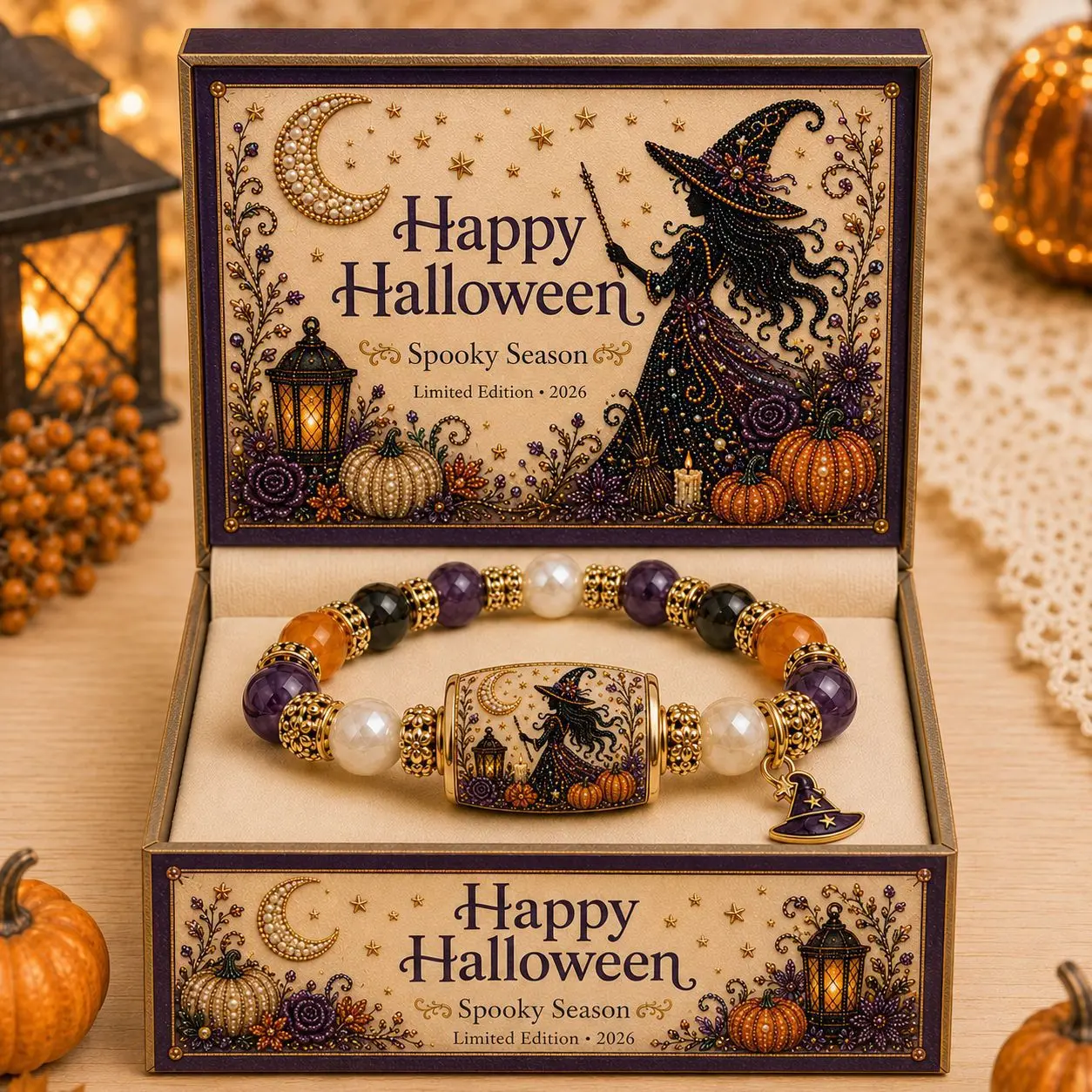 QUEENDO Halloween gift bracelet, natural chalcedony ghost pumpkin round tube colorful pendant bracelet, Halloween pumpkin bracelet, gf gift non tarnish jewelry funky unique accessoriesfunky unique accessories non tarnish jewelry gf gift