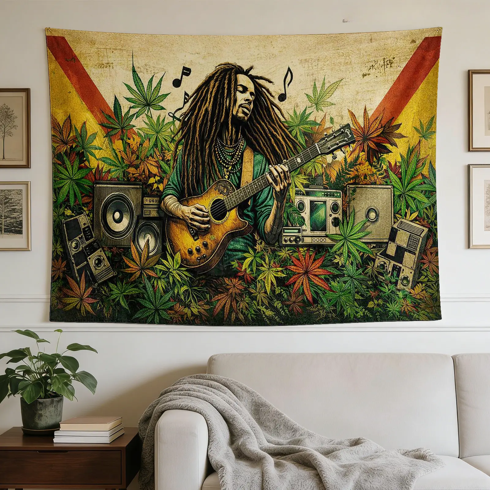 Oversized Jamaican Musician Printed Tapestry with Vibrant Leaf Background - Home Decor, Photography Prop, Birthday Gift Backdrop Fabric