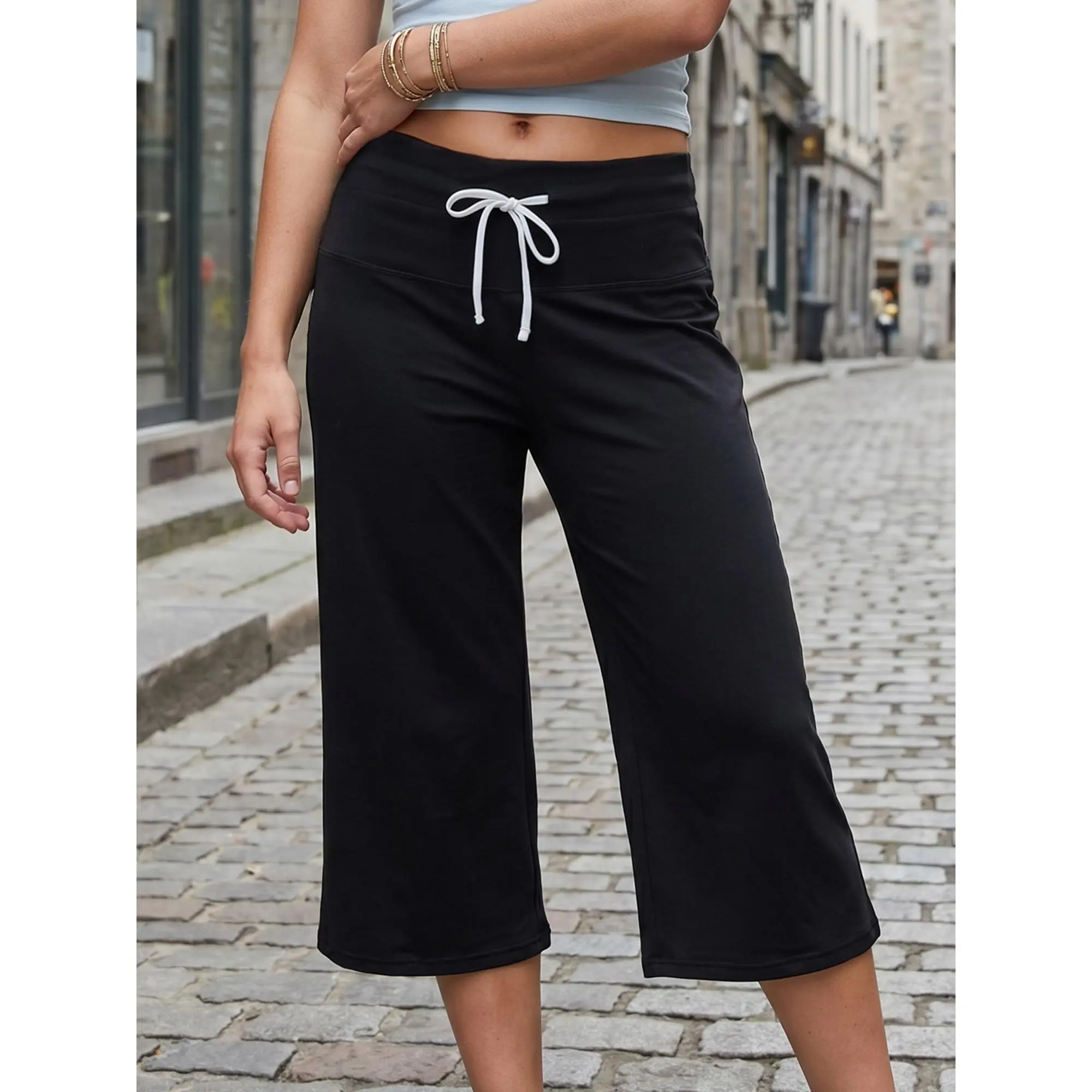 y2k Capri Pants Women Solid Color Drawstring Elastic Waist Cropped Trousers Streetwear
