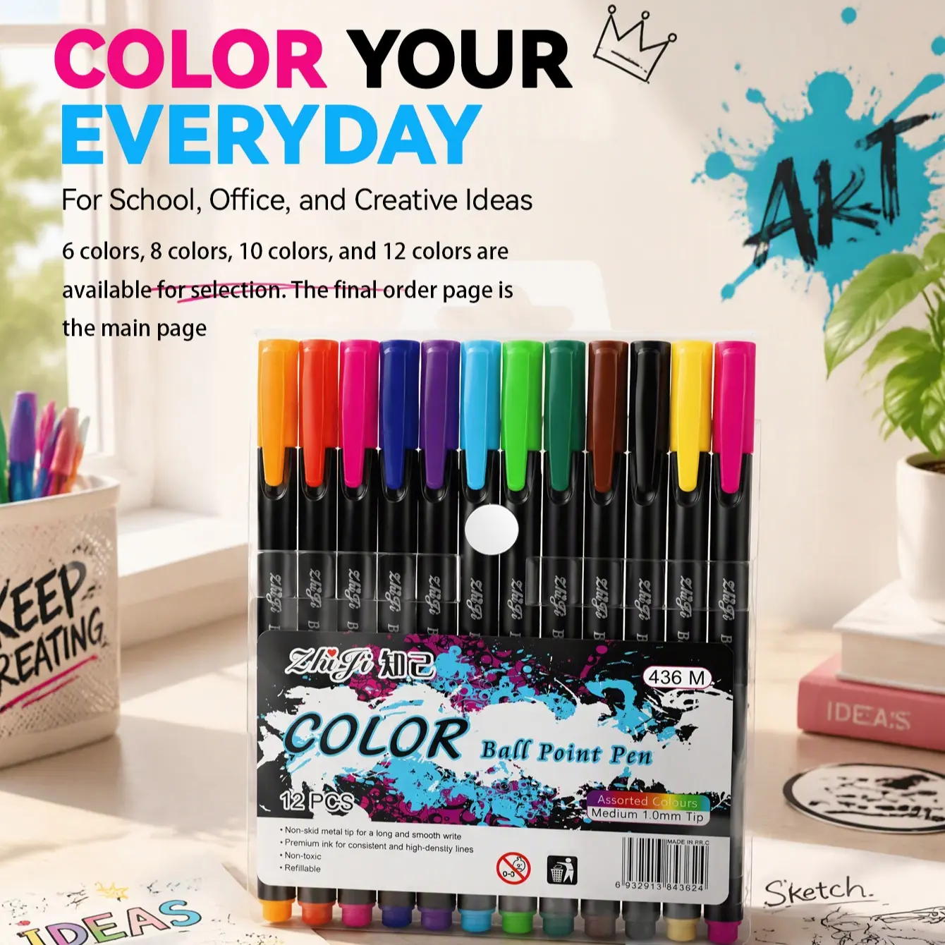 High-Value Colorful Ballpoint Pen, 12-Color Oil-Based Pens, DIY Sketchbook Drawing Pens, Large Capacity Markers, Essential School Supplies