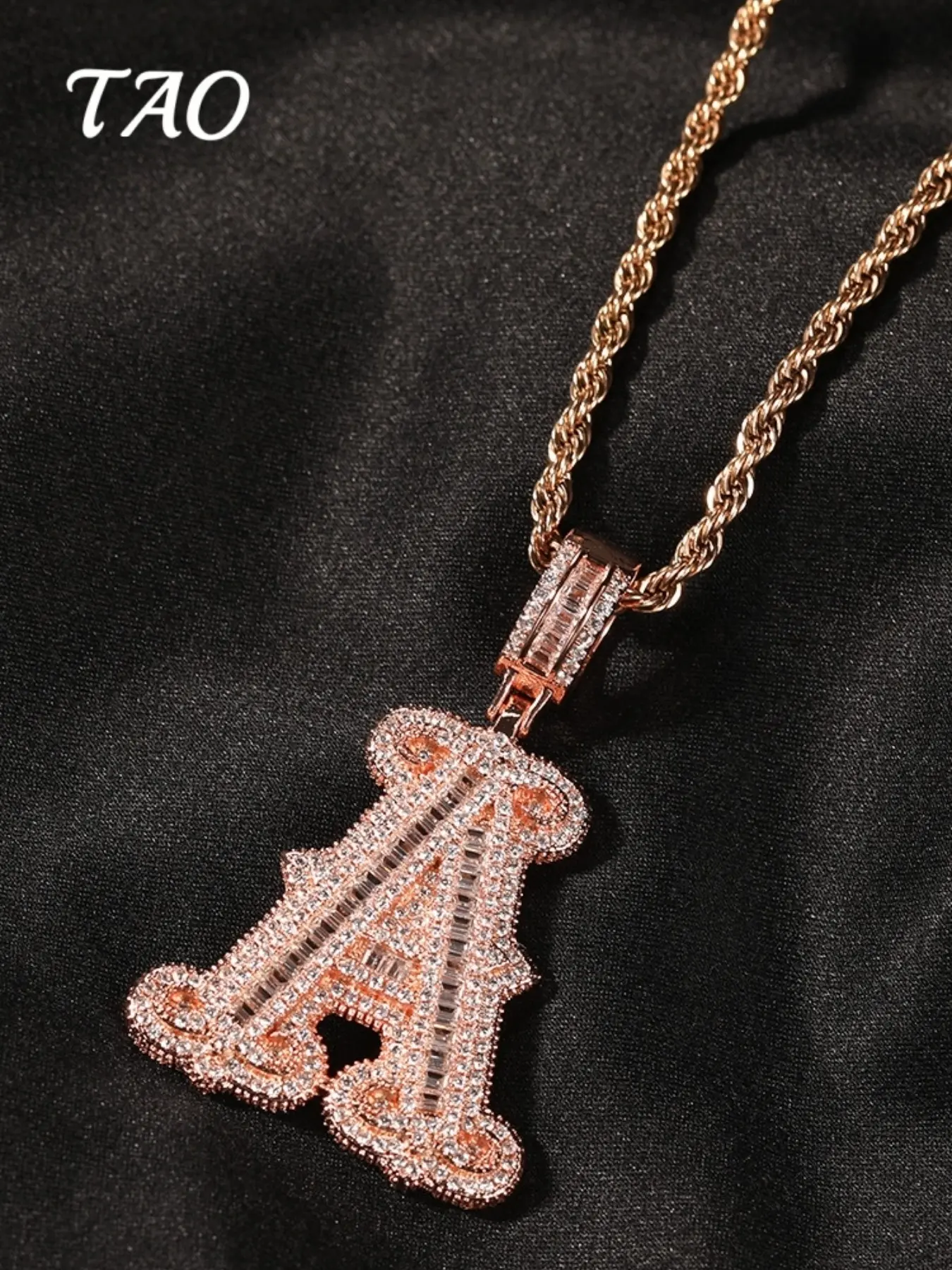 TAO-Creative Zircon Embedded Spiky Necklace, A-Z Letter Pendants, 24-Inch Braided Chain, Hip Hop Style, Luxurious and Versatile
