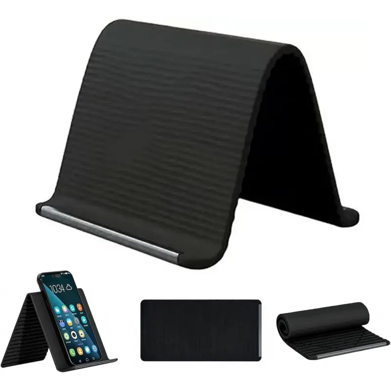 Flexible Silicone Phone Stand with Aluminum, Foldable Portable and Bendable Phone Holder for Phone Tablet Laptop, Portable Rollable Multi-Angle Stand (Black)