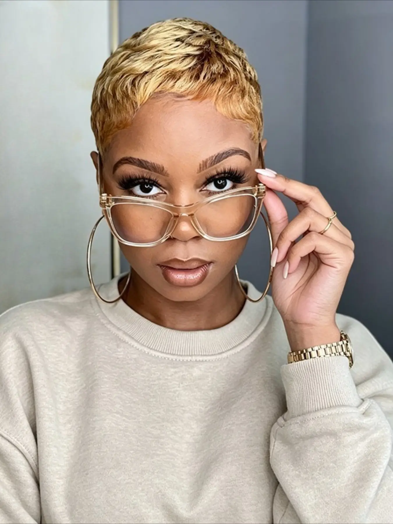 Blonde Chic Pixie Cut Wig, Human Hair Honey Blonde Wave Layered Style with Bangs, Daily Use Golden Color Wig