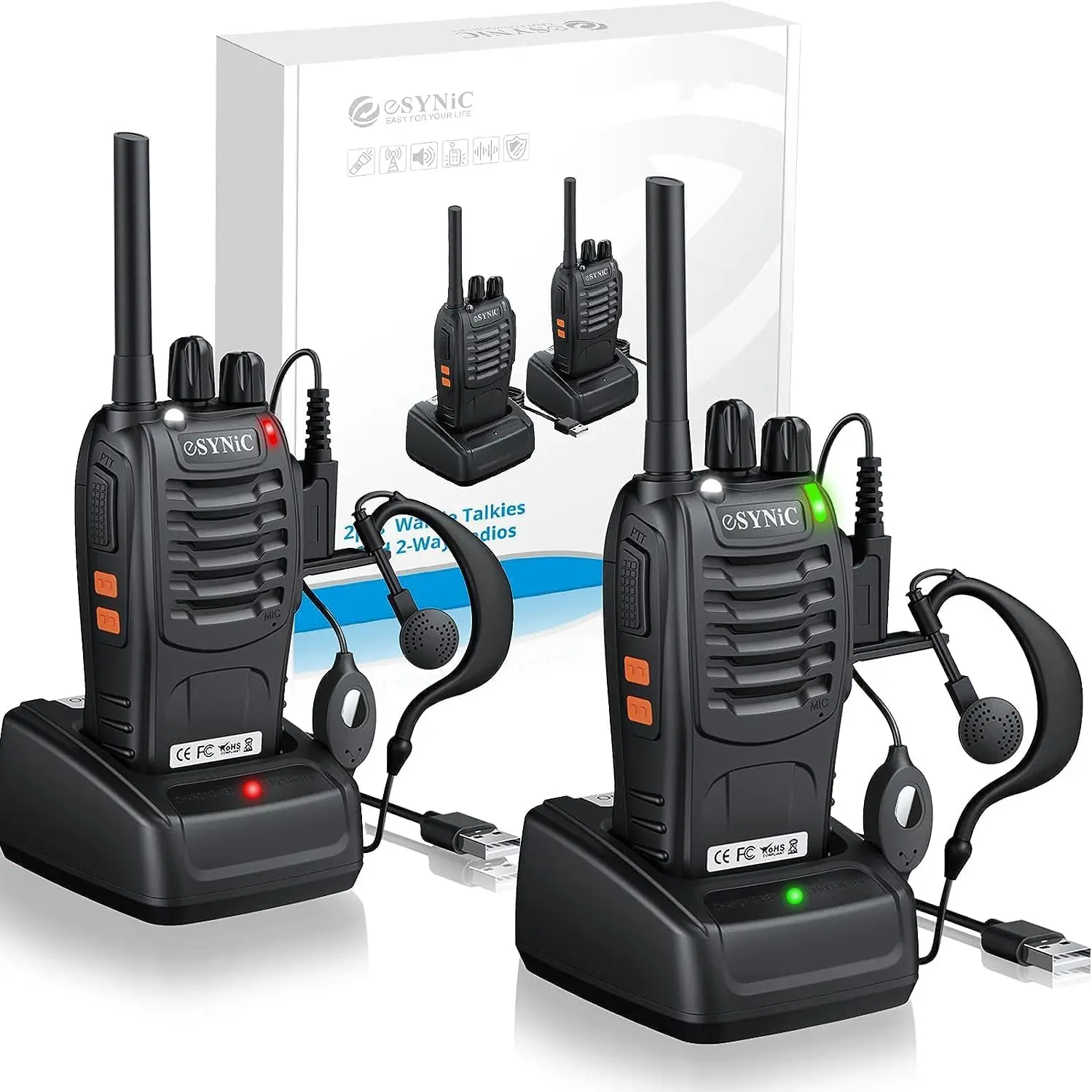 Walkie Talkies for Adults,eSynic 2Pcs Professional Walkie Talkies Rechargeable Long Range 2 Way Radio Handheld Portable Walkie Talkies Supports VOX&16 Channel with LED Light Original Earpieces etc