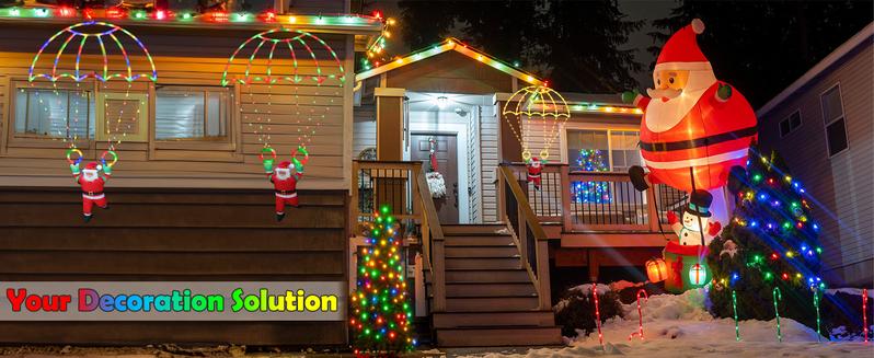 2.8ft Christmas Parachute Lights (Red&Green/Multicolor)，Santa design, waterproof, 8 lighting modes,Ideal holiday gift,Suitable for indoor/outdoor use, hangable on Christmas trees, eaves or walls