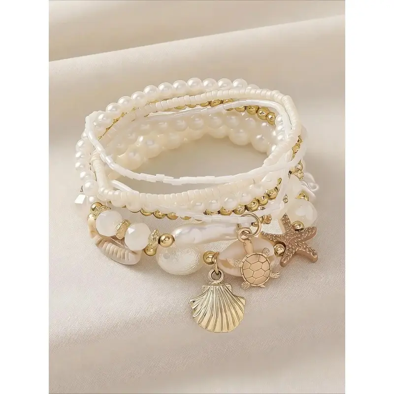 Women's Trendy Boho Handmade Beaded Set - Shell, Starfish, Artificial Pearl PVC Bracelets, Beach Vacation Accessory Gift