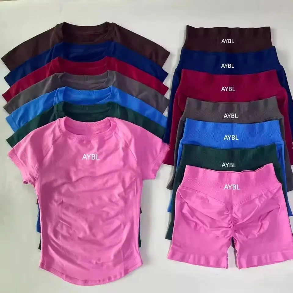 2 Pieces Sleeve Top Impact Short Seamless Yoga Leotard Clothing Scrunch Bum Joggers Suit Training Pants Suits Gym Fitness Sets