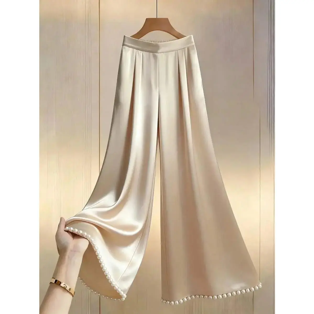 -Waisted Wide Leg Pants With Pearl Trim, Champagne Gold Satin, Elegant And Slimming, Suitable Parties, Commuting And Versaticcasions Satin Pants Cream Pants Pants Women Elegant Pants Women Pearl Hem Pants Ele