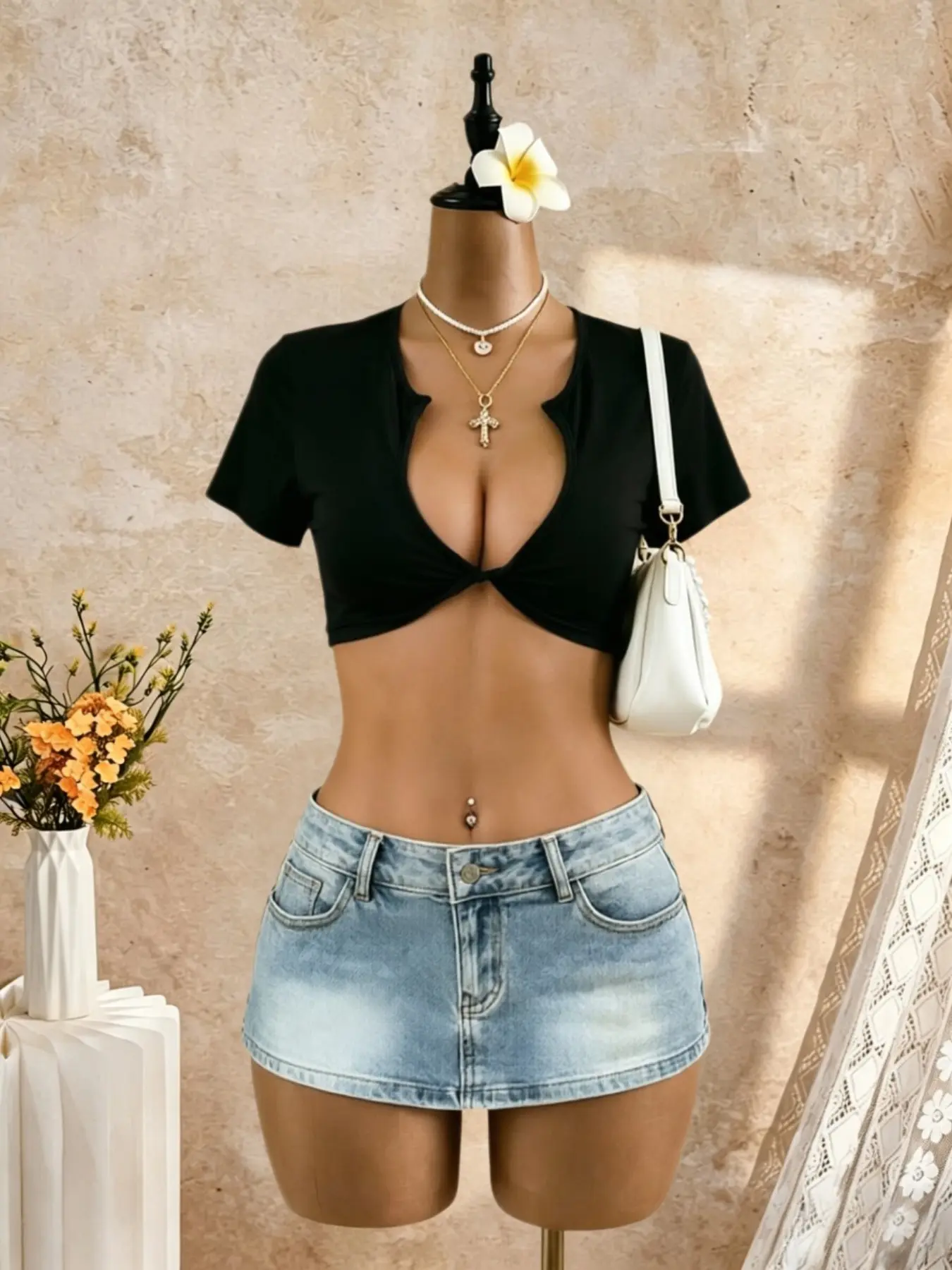 Women's Sexy Deep V Neck Knot Front Short Top, Short Sleeve Slim Fit Y2K Style Crop T-Shirt, Casual Streetwear Nightclub Basic Solid Color Tee Trend