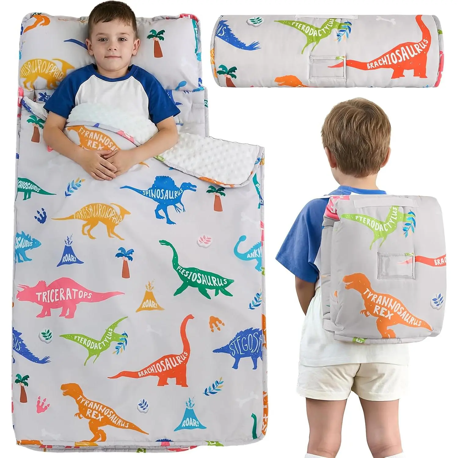 Nap Mats with Pillow and Blanket, Grey Jurassic Dinosaur Themed Slumber Bags for Kids Daycare Preschool Travel Camping(Backpack and Hand-Carry Style)