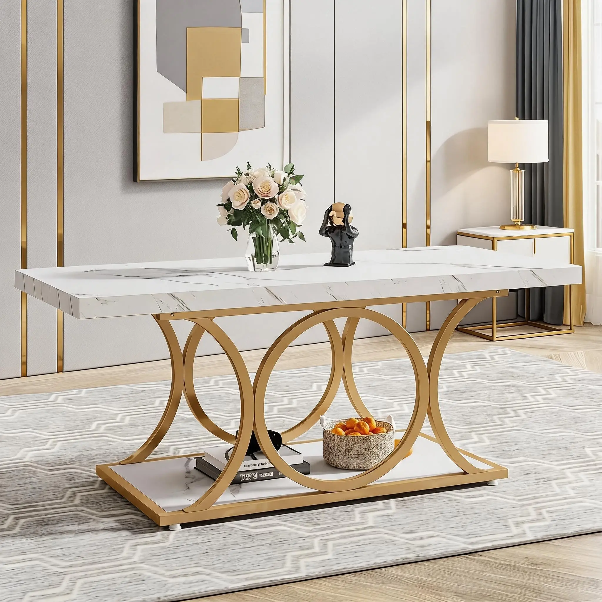 2-Tier Rectangular Faux Marble MDF Coffee Table (47.24in, White) - MDF+Metal Build, Gold Geometric Legs, Waterproof Scratch-Resistant Storage Shelf, Gold-Tone Hardware Living Room Furniture, Fast Setup, 30-Min Assembly, 18-Month Warranty, Modern Luxury