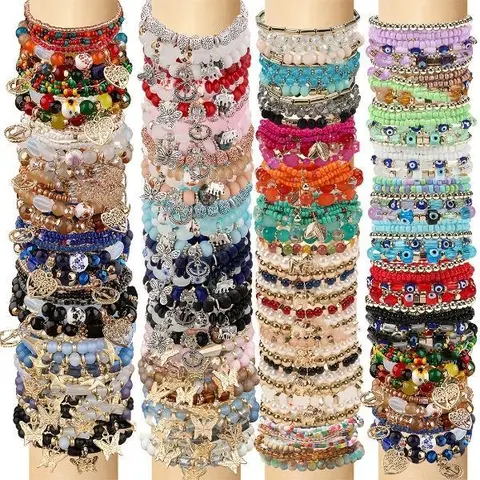 Women's 24Pcs Bohemian Beaded Bracelet Set - Multilayer Stretch Wristband, Pastel & Vibrant Colors, Bejeweled Dopamine Hippie Jewelry, Cutecore Stuff, Jewelry for Women, Gift Set for Teenage Girls & Whimsical Gifts, Beach Festival Accessory