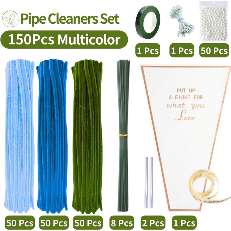 Blue Pipe Cleaner Kit With 150 count Pipe Cleaners Colourful in 3 Colours(Dark Blue,Light Blue,Green),8 Pcs Green Floral Wire,40 ,40 Stamen,Floral Tape,Flower Wrapping Paper and Ribbon