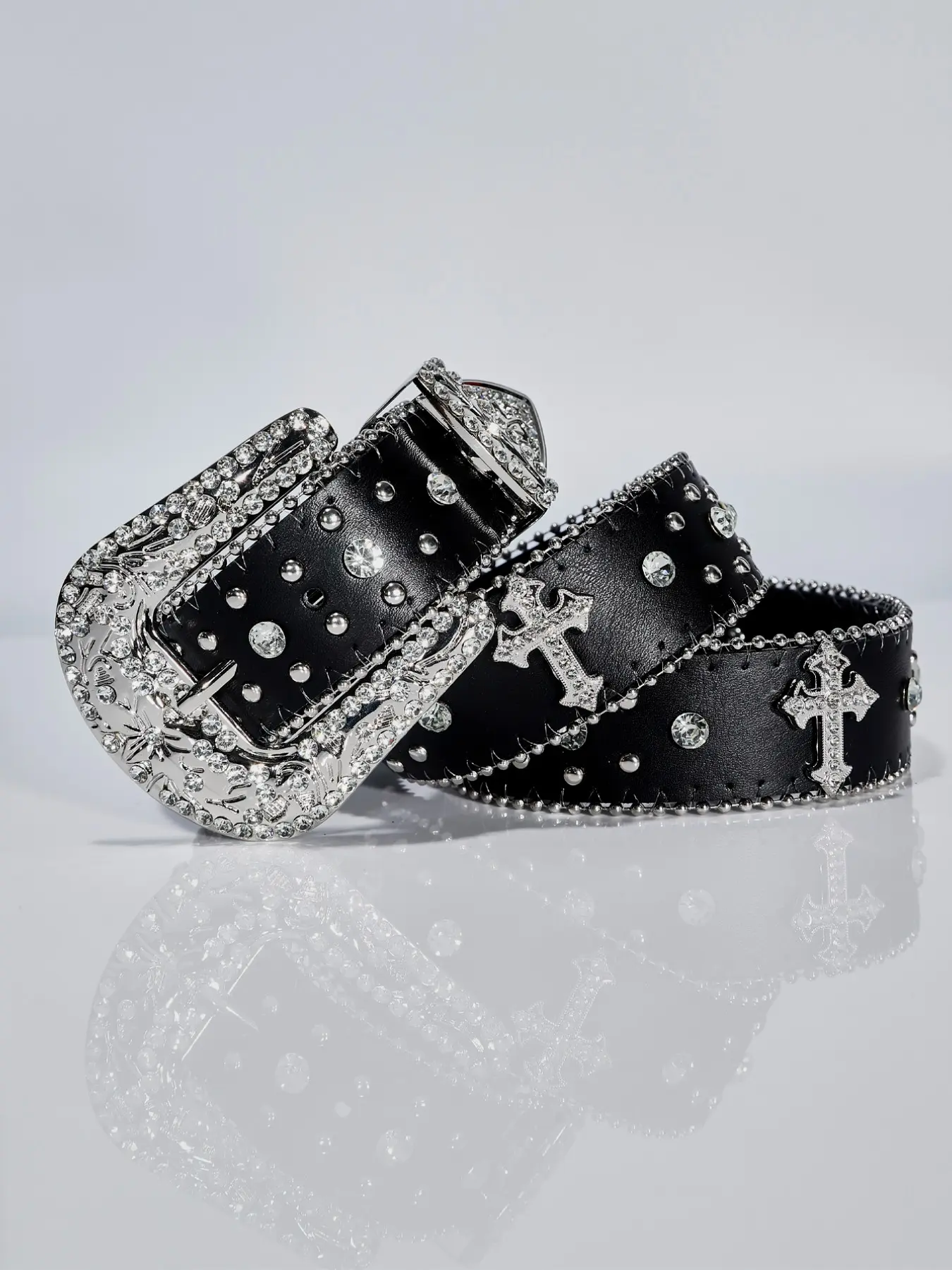 1pc Rhinestone Cross Leather Belt, Western Cowboy Diamond Studded Belt, Gothic Silver Color Buckle, Y2K Streetwear Fashion Belt Accessory for Women & Men