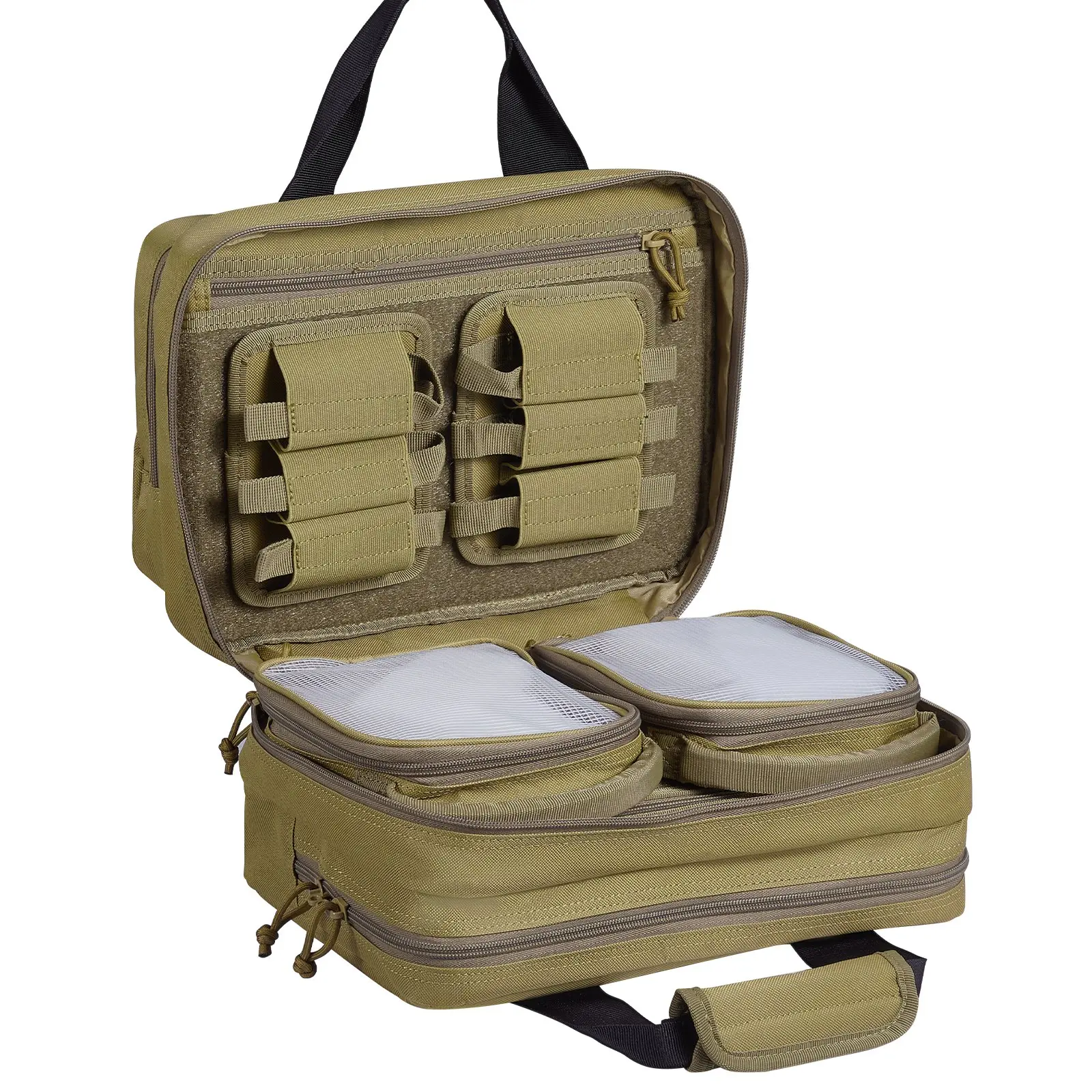 【Summerfinds】VEVOR Range Bag for 2 Pistols, Tactical Gun Bag with 2 Built-in Removable Pistol Bags 6 Detachable Magazines, Gun Range Bag for Outdoor Hunting Shooting, Lockable Carrying Handgun Bag Case, Brown