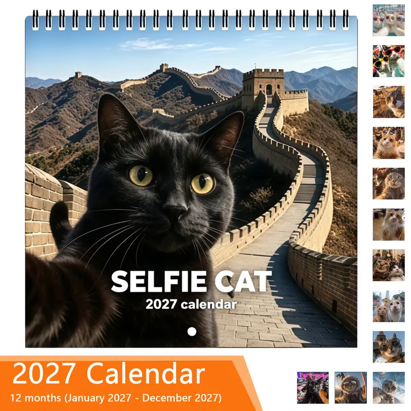 2027 Calendar Planner - Cute Cat Selfie Design, 12-month layout (January to December), suitable for home and office use, a cute and interesting aesthetic style calendar