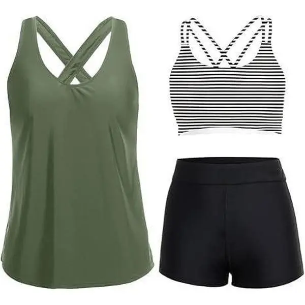 Women's 3-Piece Quick-Dry Tankini Bikini Swimsuit with Tummy Control, Includes Bra Top & Shorts, Suitable for Teens