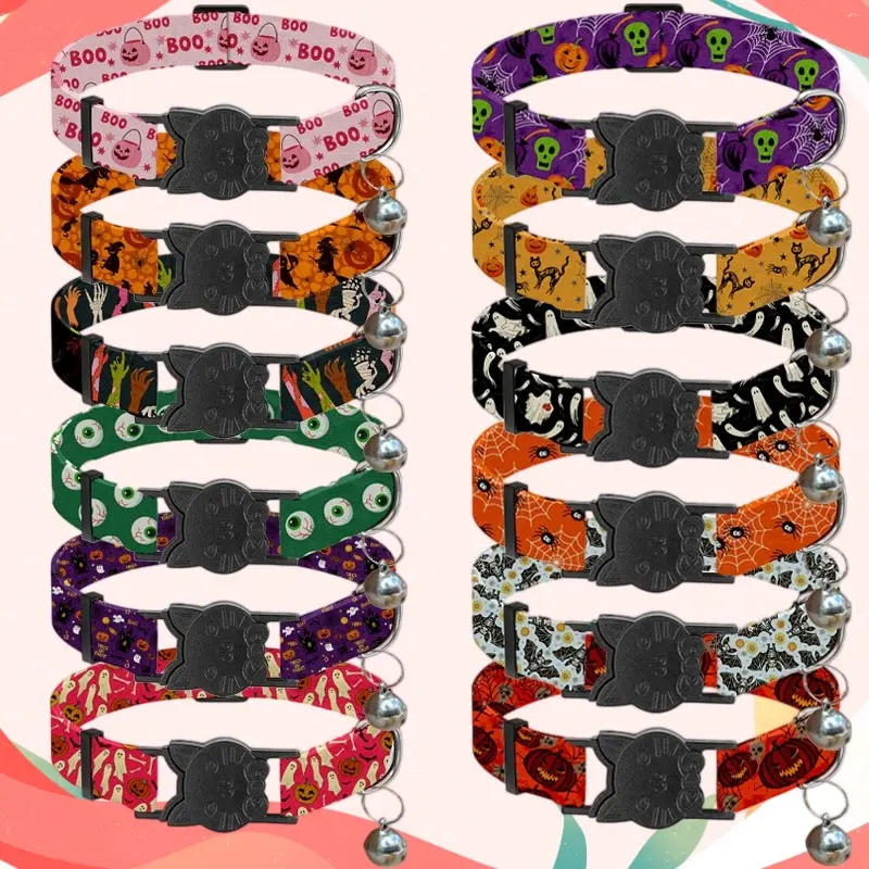12-Piece Cat Collar Set with Bell, Halloween Theme Prints, Safety Buckle, Silver Color Adjustable Ring, Pet Accessories