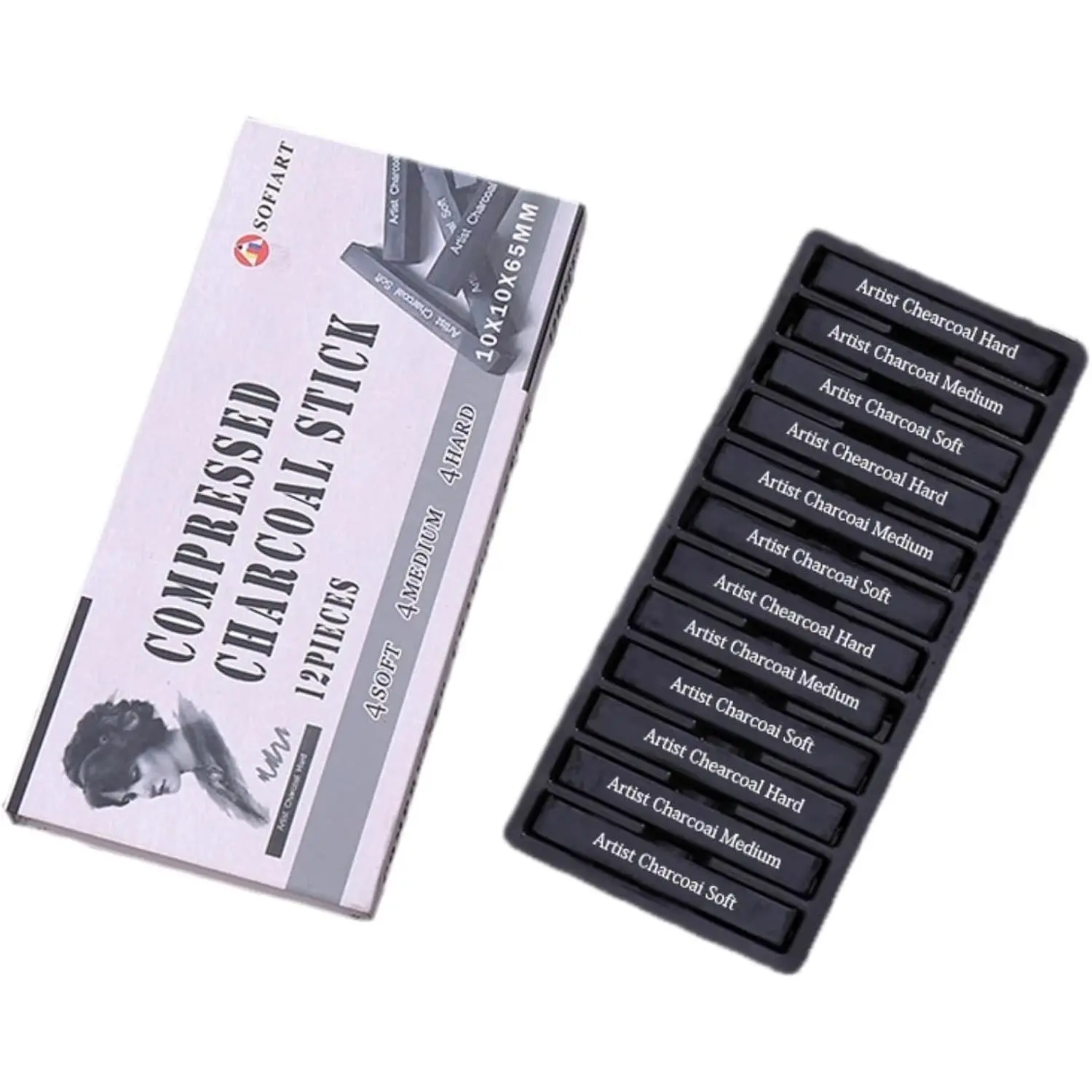 Compressed Charcoal Sticks 12 Pieces Soft Medium Hard Square Vine Charcoal for Drawing Sketching Shading Drawing Set for Beginners & Pro Artists