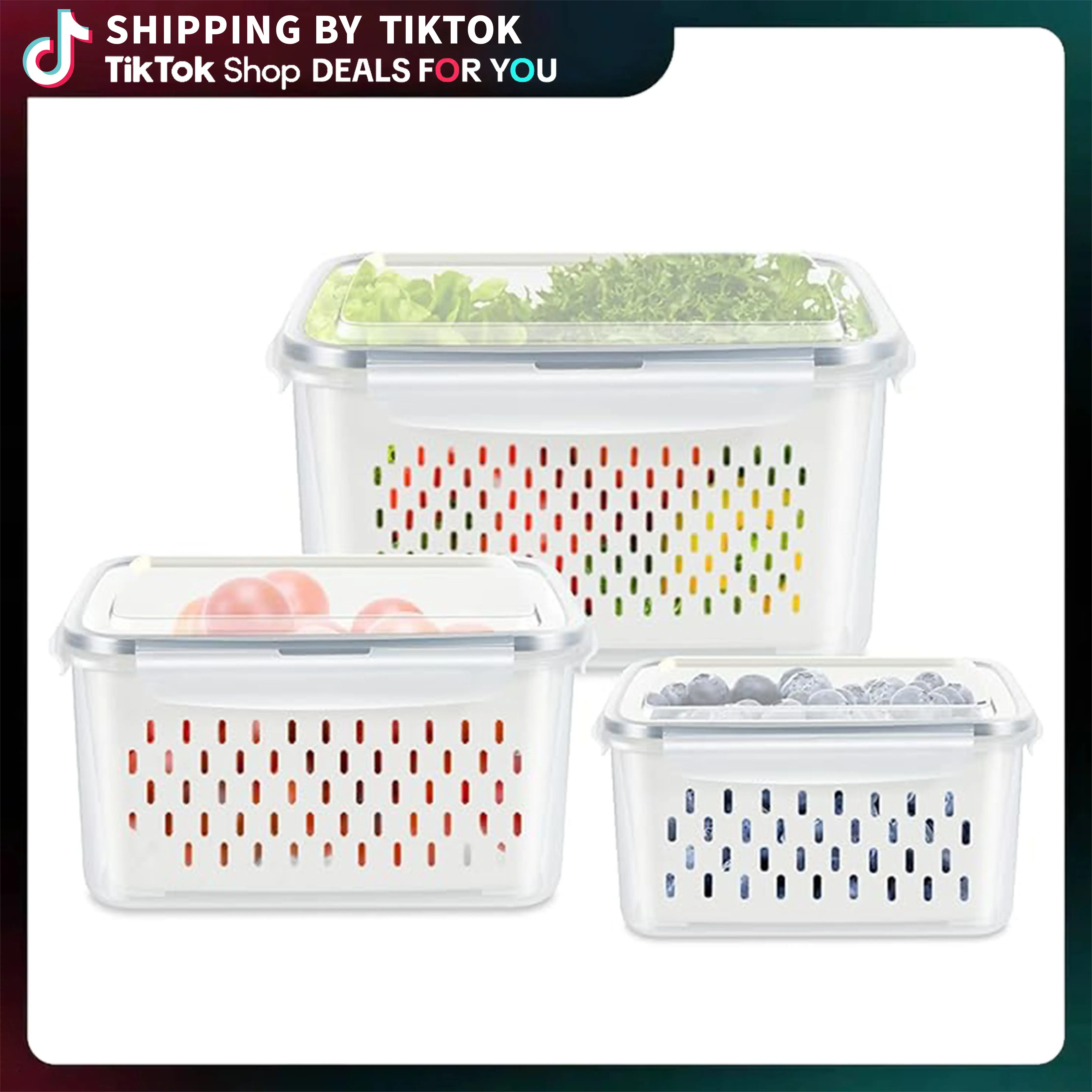 Plastic 4-in-1 Airtight Leakproof Fridge Storage Containers with Drain Colanders - Kitchen Refrigerator Organizers for Lettuce, Berries, Produce Preservation,dorm essentials,home decor