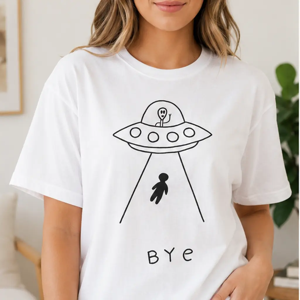 Alien UFO Bye Printed Tee, Funny Space Abduction Graphic T-Shirt, Unisex Short Sleeve Crewneck Shirt, Casual Sci Fi Lover Gift Top