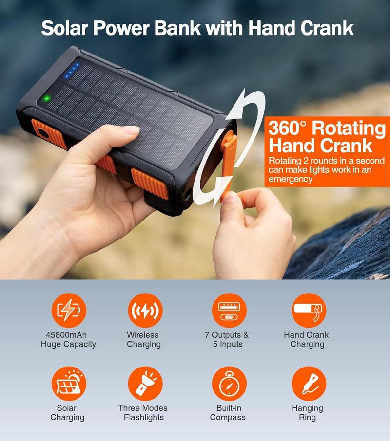 Power Bank Wireless Charger 45800mAh Built in Hand Crank and 4 Cables 15W Fast Charging Power Bank 7 Outputs & 4 Inputs Solar Portable Charger, SOS/Strobe/Strong Flashlights, Compass