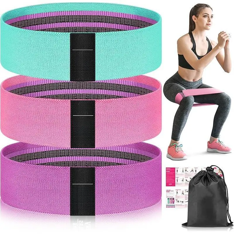 Wide Fabric Resistance Bands for Resistance Band Workout & Glute Growth - 3 Adjustable Intensity Levels, Non-Slip, Complete & Convenient Kit for Women - Includes Carrying Bag, Tape Measure - Ideal for Gym, Yoga